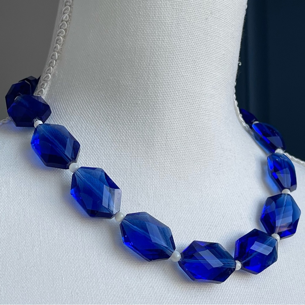 Chunky Faceted Oval Blue Glass Mother Of Pearl Bead Spacer 925 Clasp Necklace